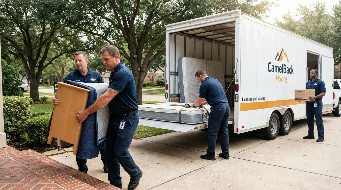 Crew loading residential truck for cross-state move from Bowie, TX