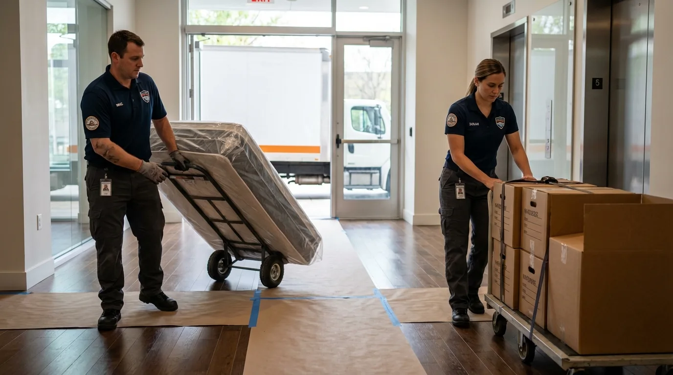 Professional apartment movers loading elevator in Bowie, TX